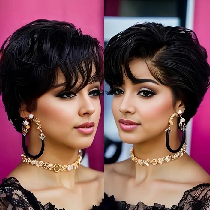 Perruque Lace Front Wig naturelle transparente, cheveux humains, coupe Pixie, ondulée naturelle, cou
