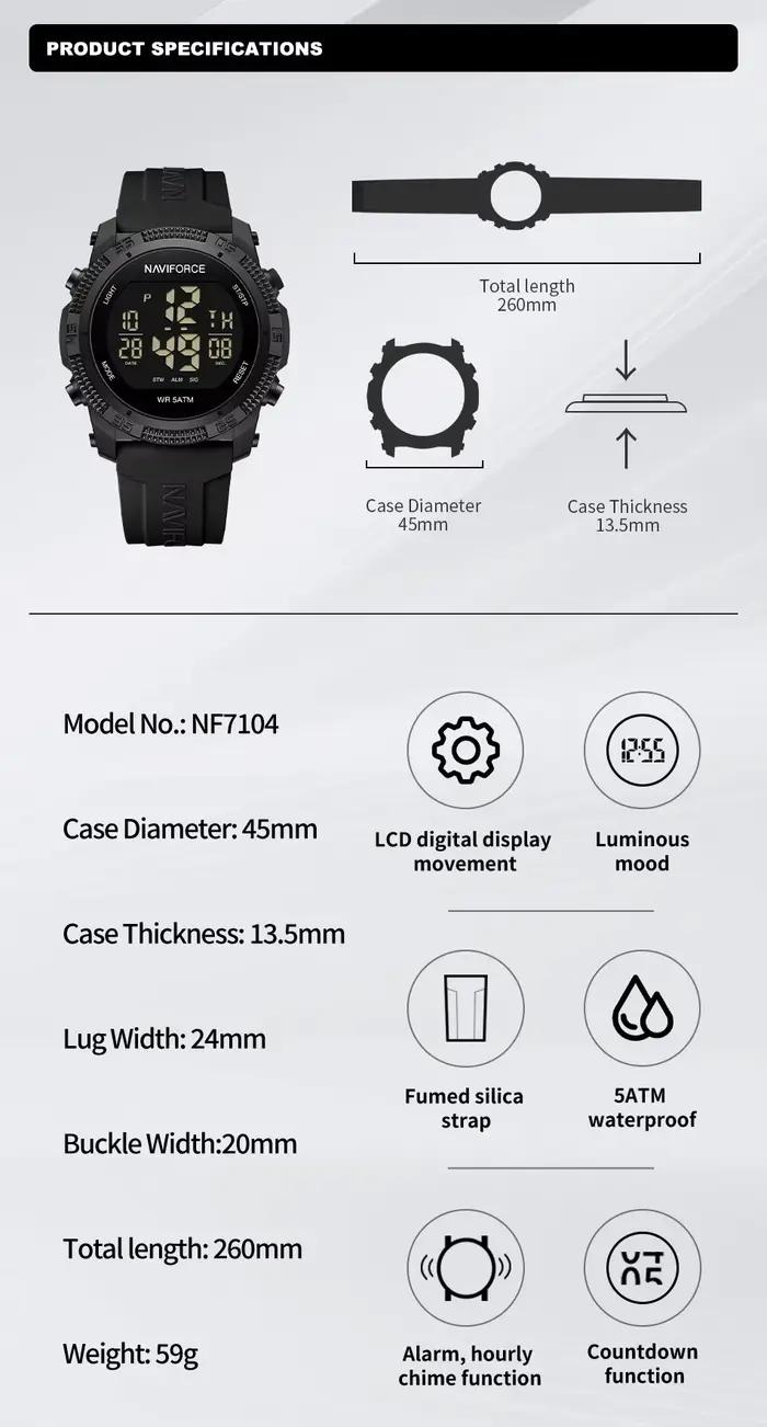 NAVIFORCE NF7104 Montre électronique numérique LCD décontractée avec alarme de date et de semaine po