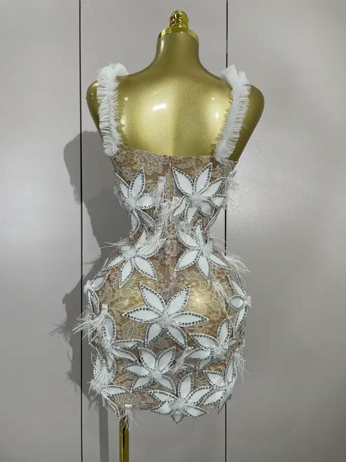 Sexy brillant diamant fleurs plumes blanc Transparent Slip robe courte soirée bal célébrer anniversa