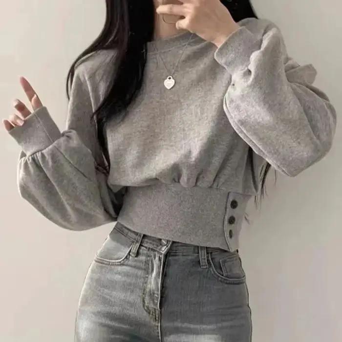 Haut court à col rond pour femme, couleur unie, manches lanternes, avec boutons, pull sportif Hip-Ho