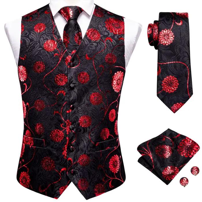 Ensemble de costume pour homme : Gilet, cravate, pochette et boutons de manchette jacquard floral Pa