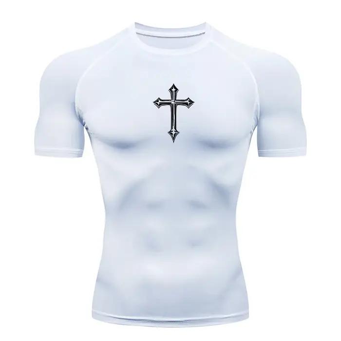 Chemise de compression à imprimé croisé pour hommes, t-shirt athlétique chrétien, hauts d'entraîneme