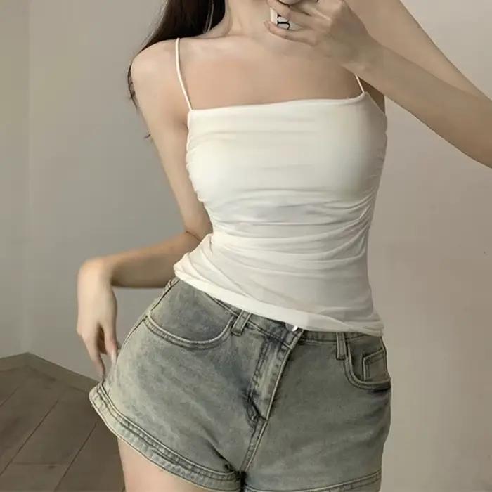 Camisole en émail pour femme, haut court, précieux, document solide, bretelles spaghetti décontracté