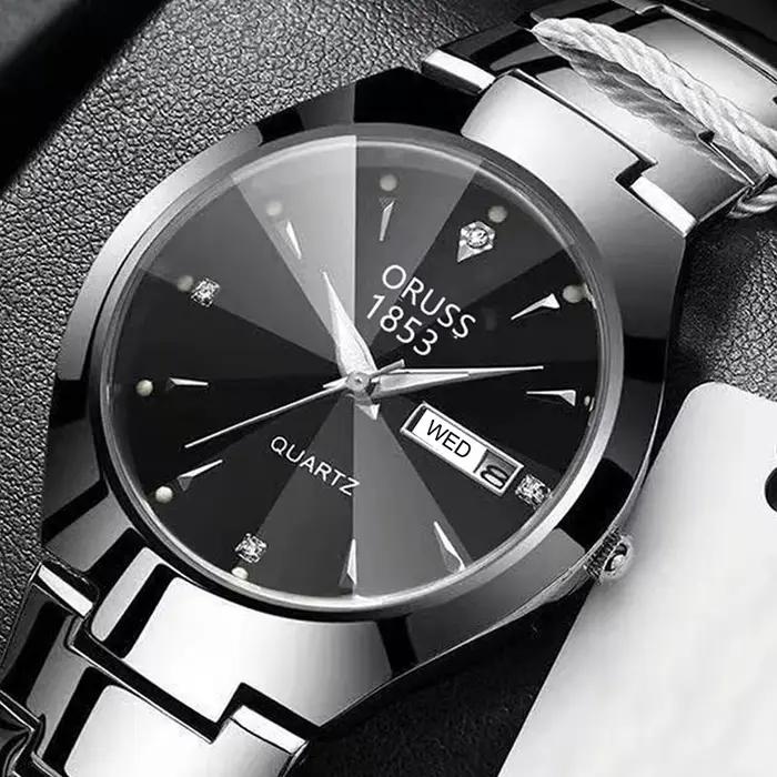 ORUSS-Montre de couple étanche pour hommes et femmes, quartz, acier inoxydable, date, semaine, horlo