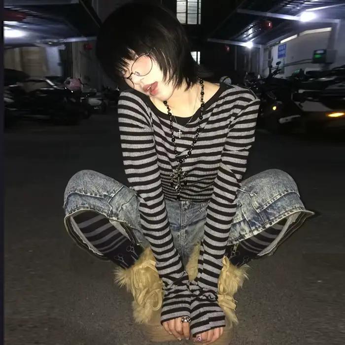 Genayooa japonais Y2k T-shirt femmes à manches longues épaules nues rayé culture hauts Y2k Grunge 20