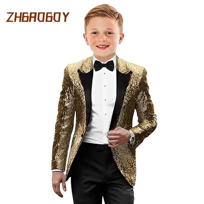 Costumes de smoking pour enfants, 2 pièces, à paillettes, coupe cintrée, vêtements formels, fête de