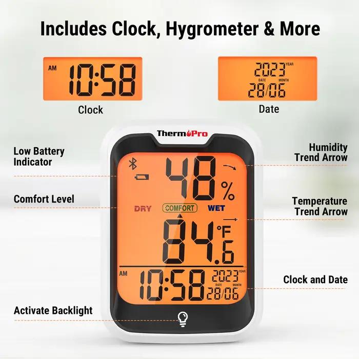 ThermoPro TP358 rétro-éclairage Bluetooth, Station météo à chiffres, thermomètre et hygromètre d'int