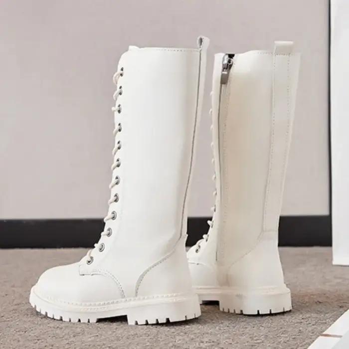 Bottes longues pour filles, hauteur des genoux, bottes de moto à la mode, plateforme souple en caout