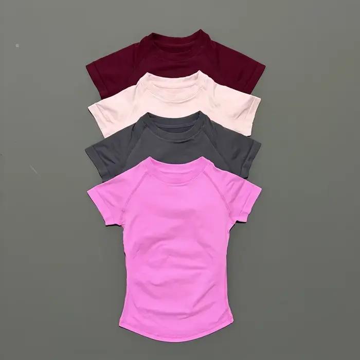 HISTELLO Df Haut de sport uni à manches courtes pour femme, sans couture, pour yoga, fitness, gym, j