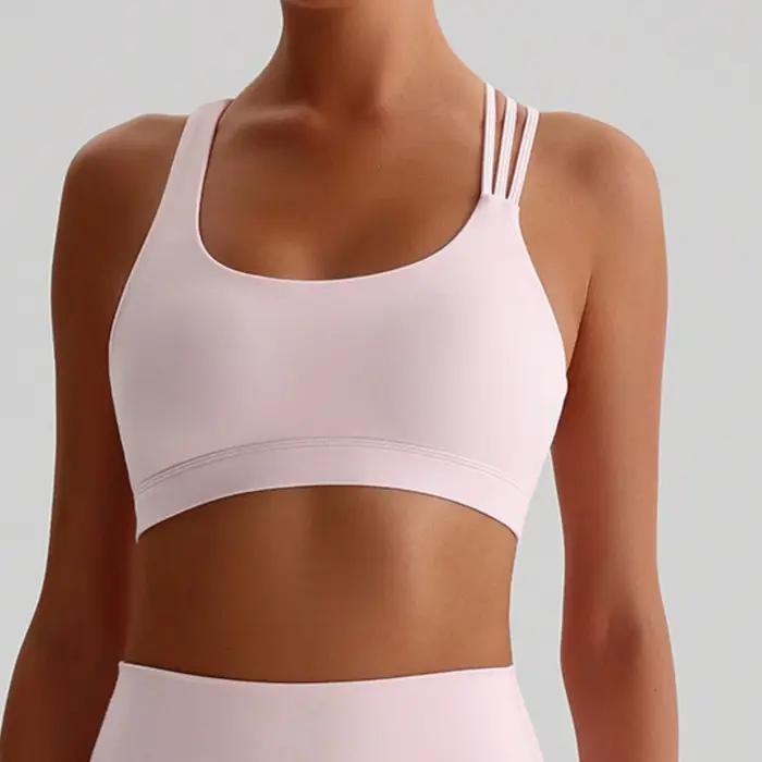 Couleur unie haute résistance bandoulière croisée Gym sous-vêtements de gymnastique femmes Fitness S