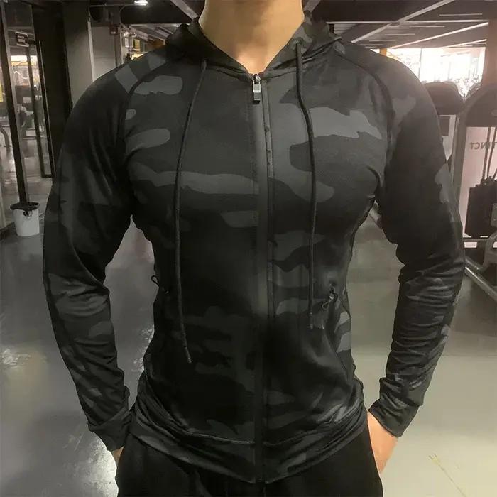 Veste à capuche compression homme plein air - Vêtement protection solaire gym fitness respirant pêche
