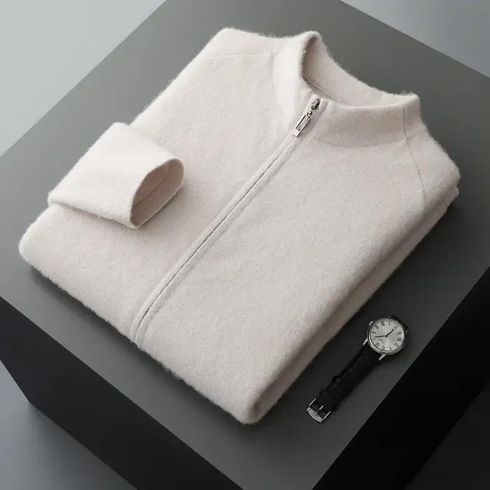 Cardigan en cachemire pur pour hommes, col mi-haut, fermeture éclair, pull décontracté, tempérament,
