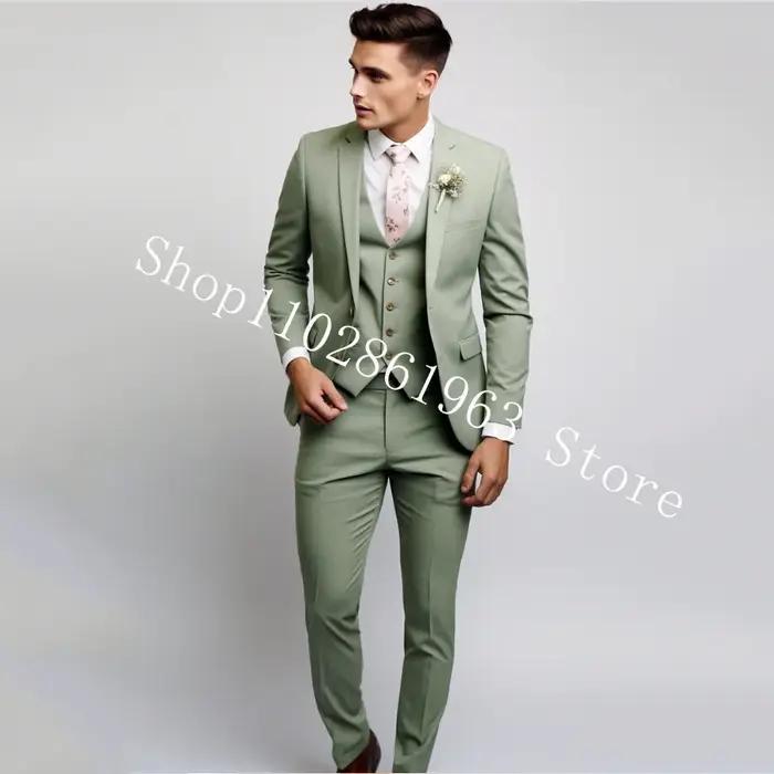 Costumes de mariage 3 pièces pour hommes, vert, élégant, formel, meilleur Blazer pour hommes, coupe