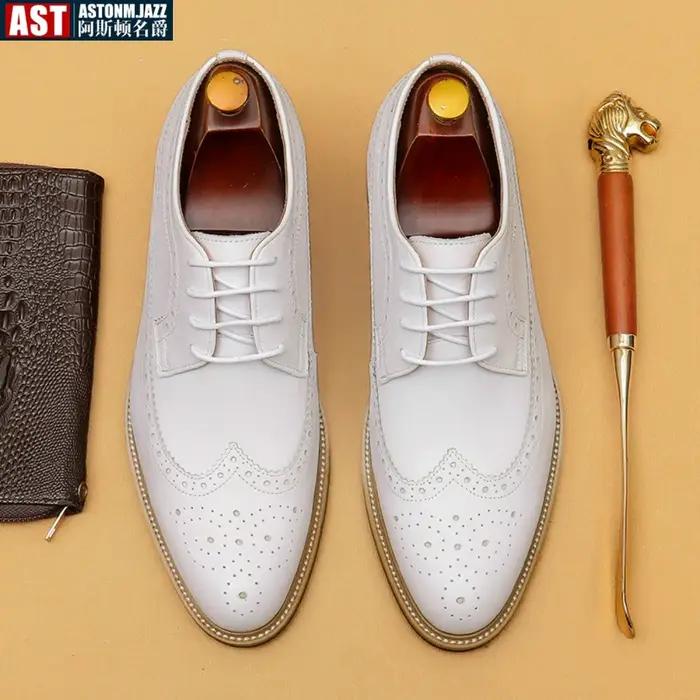 Chaussures habillées de luxe pour hommes en cuir véritable richelieu bout d'aile Oxford blanc à lace