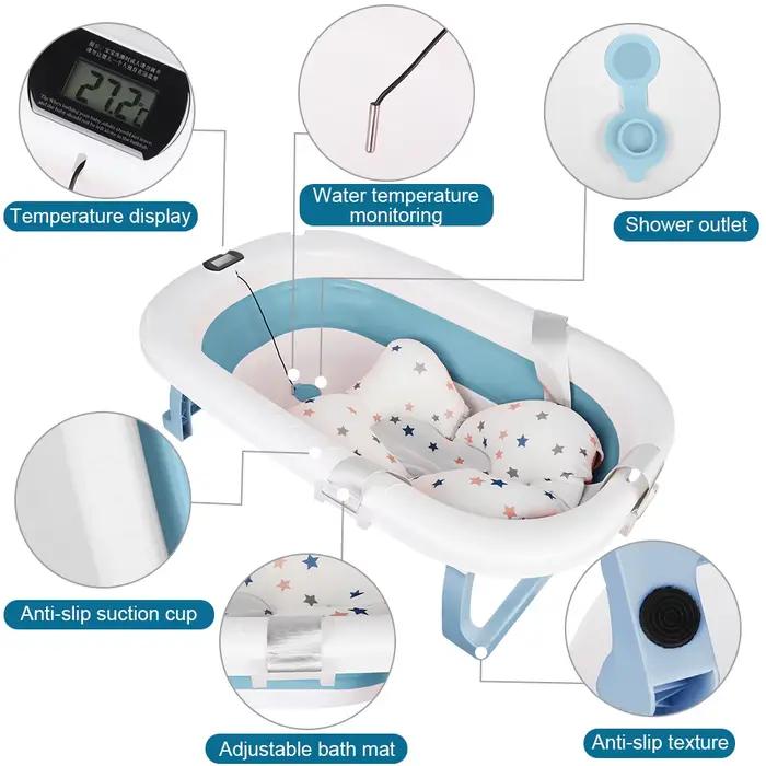 Baignoire Bébé Pliable, Avec Thermometre Digital, Coussin De Bain, Compacte Portable, Rose/Gris/Bleu