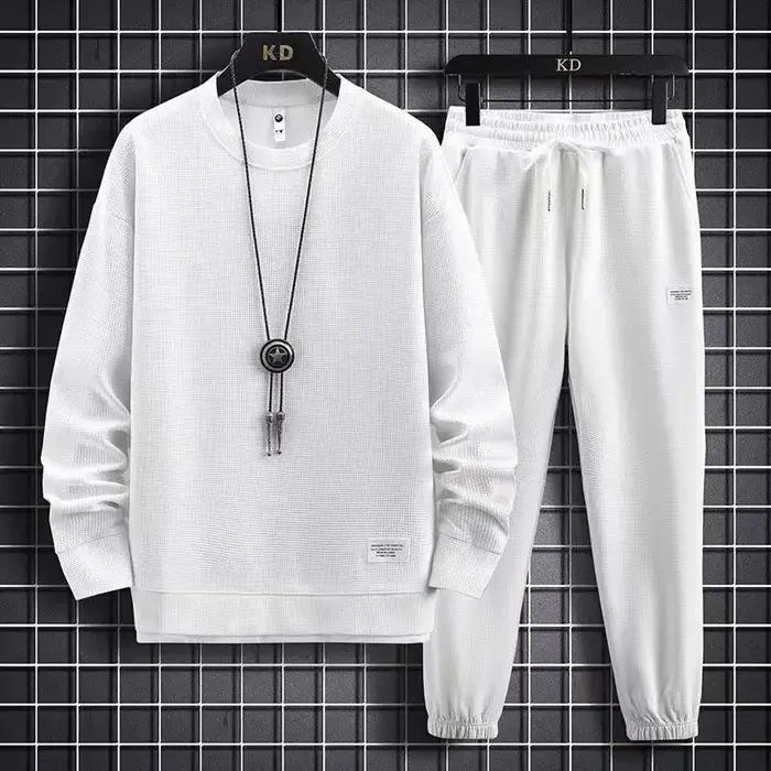 2025 printemps et automne nouveaux hommes gaufre deux pièces sweat-shirt décontracté et pantalon de