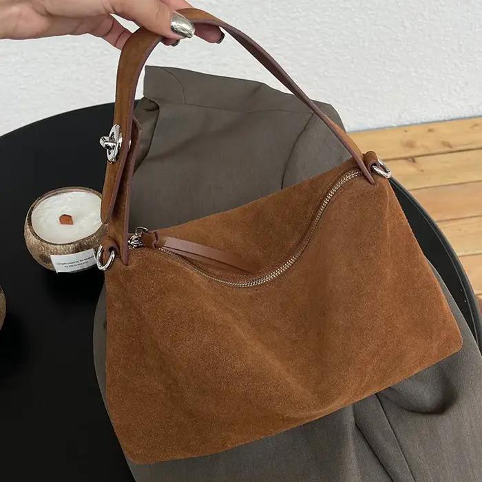 Sac à main rétro en daim pour femmes, sac à main en cuir de vachette conviviale ré pour dames, sac à