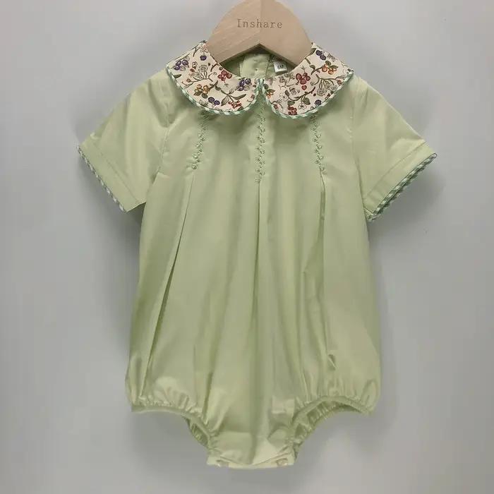 Vêtements de Boutique pour Enfant, Barboteuse à Manches Courtes en Coton Vert, Imprimé Floral, Col à