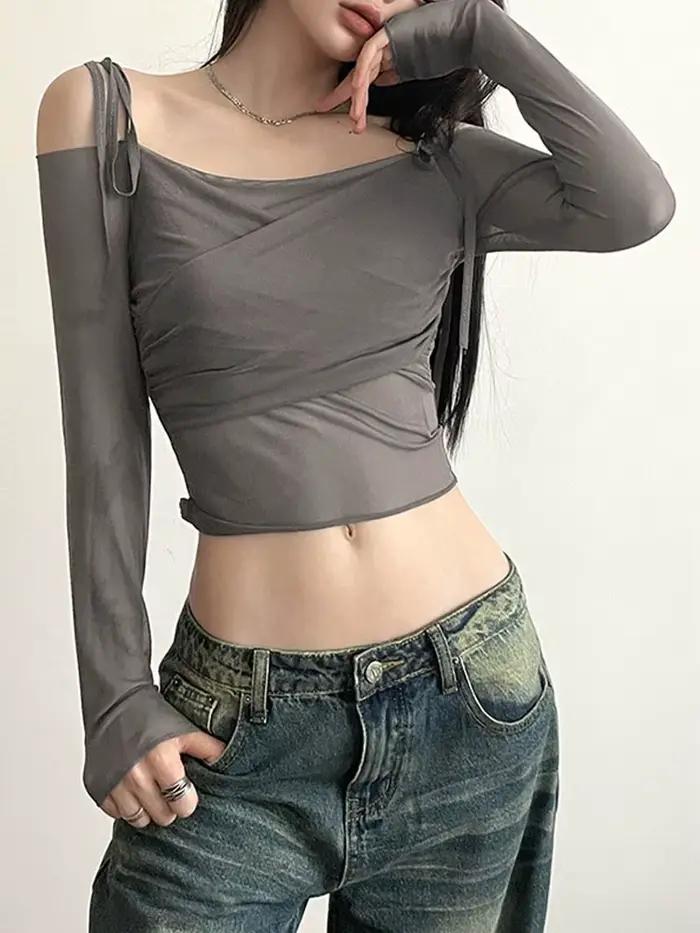 Y2K Streetwear pour femmes, haut court à col Slash, Sexy, épaules dénudées, manches longues, Slim, m