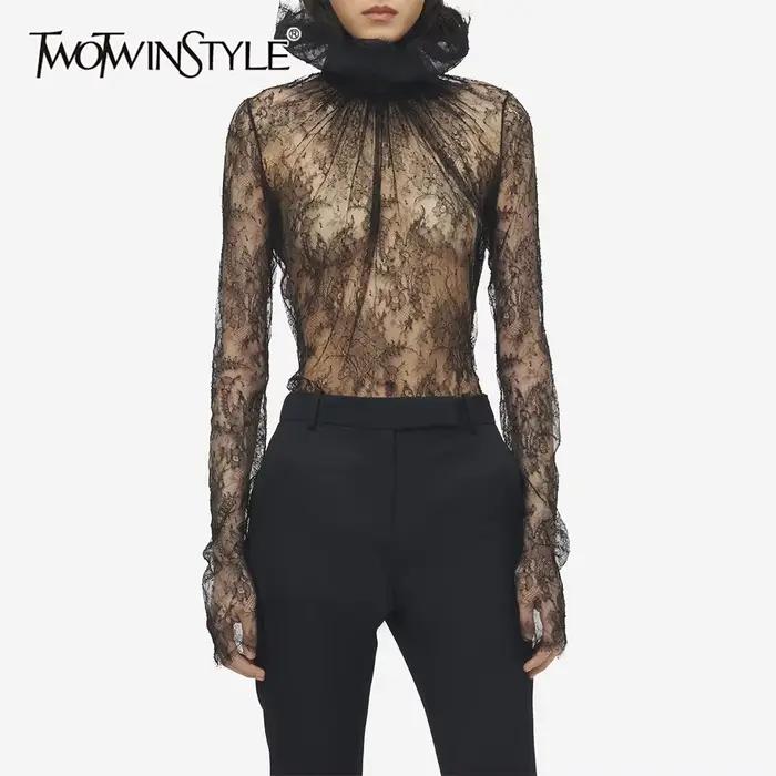 TWOTWINSTYLE Chemise chic en dentelle noire à empiècements pour femme, col rond, manches longues, am