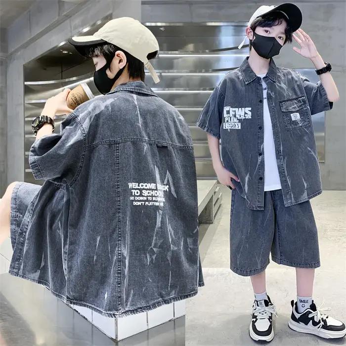 Ensemble d'été cool pour garçons, haut et bas en denim, chemise à manches courtes et short, 2 pièces