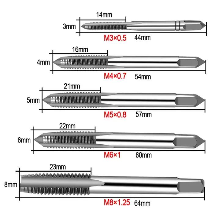 5 pièces Hss Machine filetage métrique bouchon taraud vis tarauds 3mm 4mm 5mm 6mm 8mm M3-M8 Kit de j