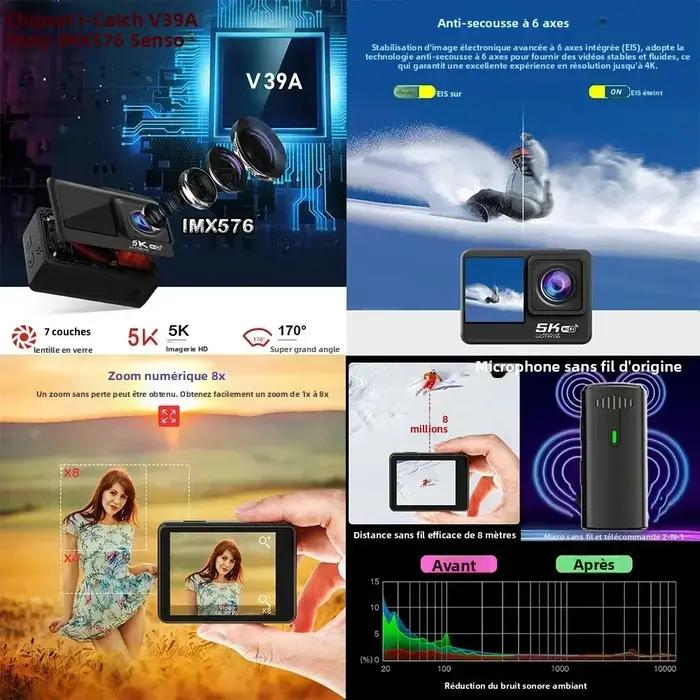 Caméra d'action 5K 4K60FPS EIS 48MP Wi-Fi double écran 170D 8X Zoom pré-enregistrement 30M