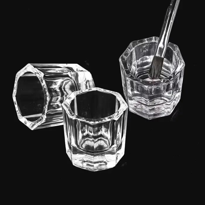 Mini verre cristal acrylique transparent, petite poudre octogonale, tasse à ongles liquide, brosse à