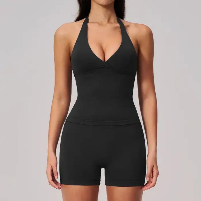 Nouvelle tenue de yoga pour femme avec col halter coupe ajustée survêtement sportif extérieur été séchage rapide activité physique fitness