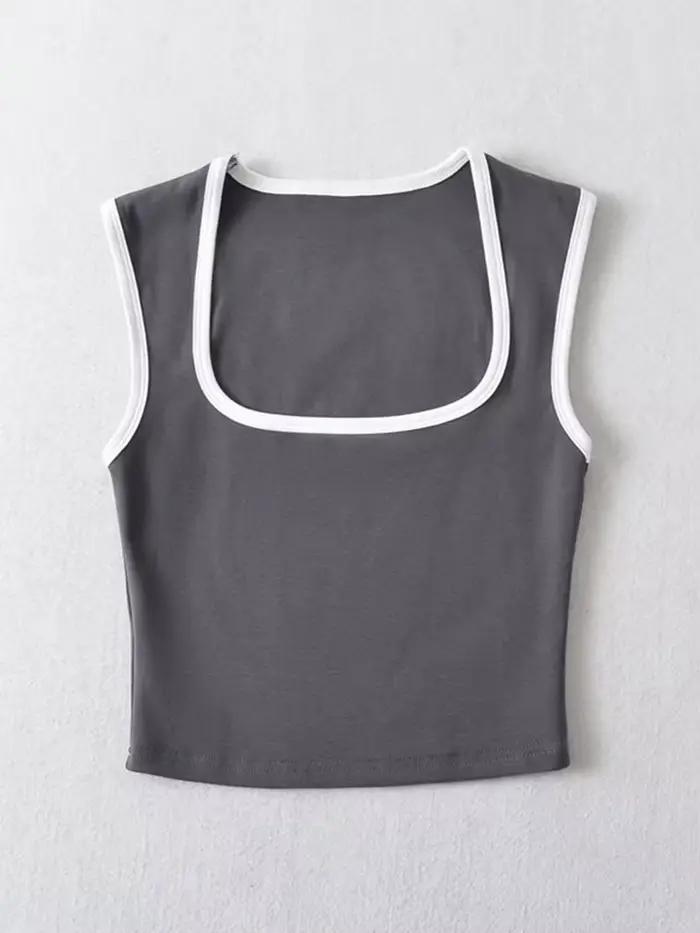 Débardeur sans manches pour femme, Slim, couleur contrastée, décontracté, col carré, haut court, vêt