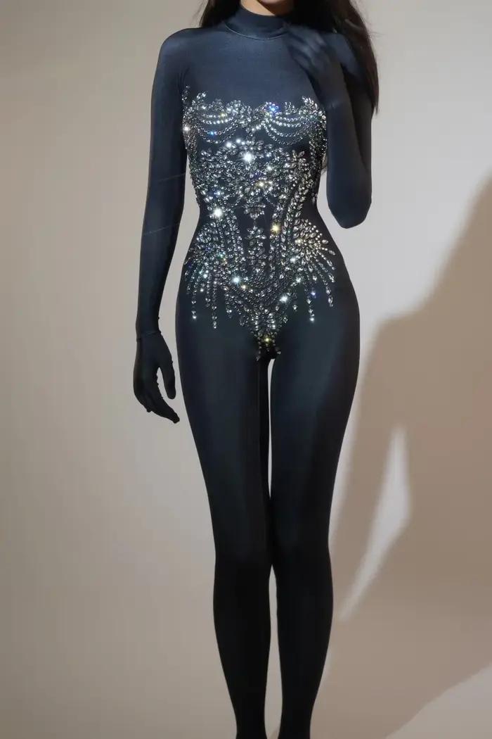 Combinaison extensible avec strass scintillants pour femmes, tenue de soirée Sexy pour Club, Drag Qu