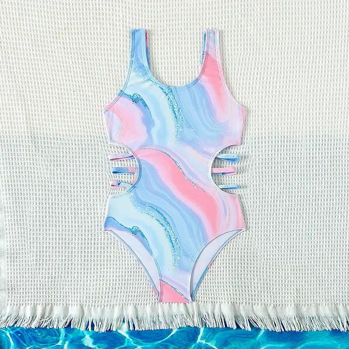 Maillot de bain une pièce tie-dye bleu pour enfants adolescents design nouveau 5 à 15 ans