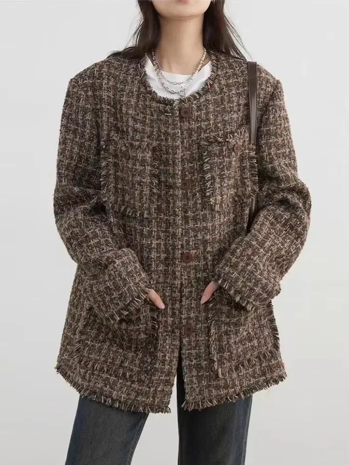 CHIC VEN-Manteau à simple boutonnage pour femme, veste rétro adt, design à bord effiloché, haut fémi