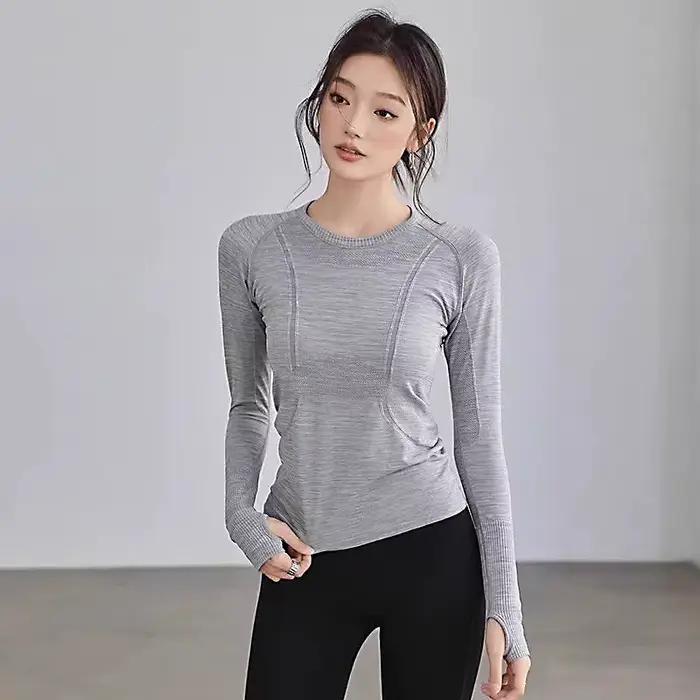 Haut de yoga pour femmes col rond sans couture t shirt de gym adapté aux sports d hiver fitness running yoga activité physique