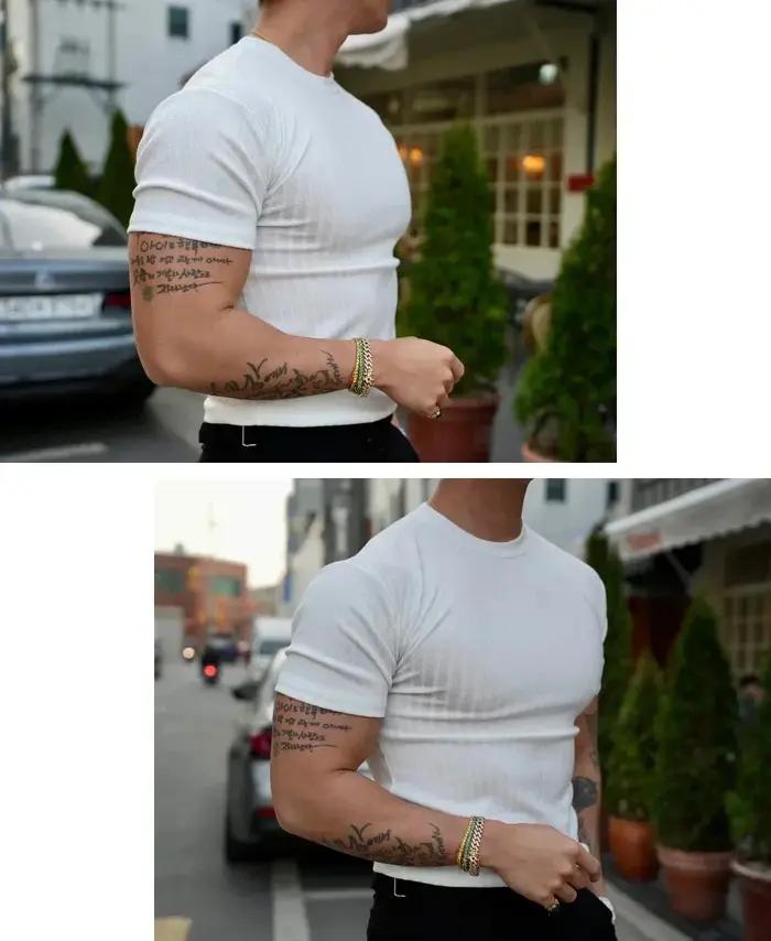 2025 nouvelle mode Fitness entraînement T-shirt hommes été sport loisirs col rond élastique à manche