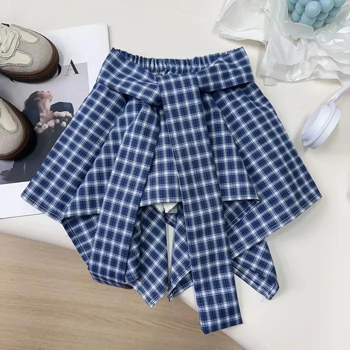 Ensemble de vêtements d'été pour filles, T-Shirt à manches courtes + jupe à carreaux imprimé ours de