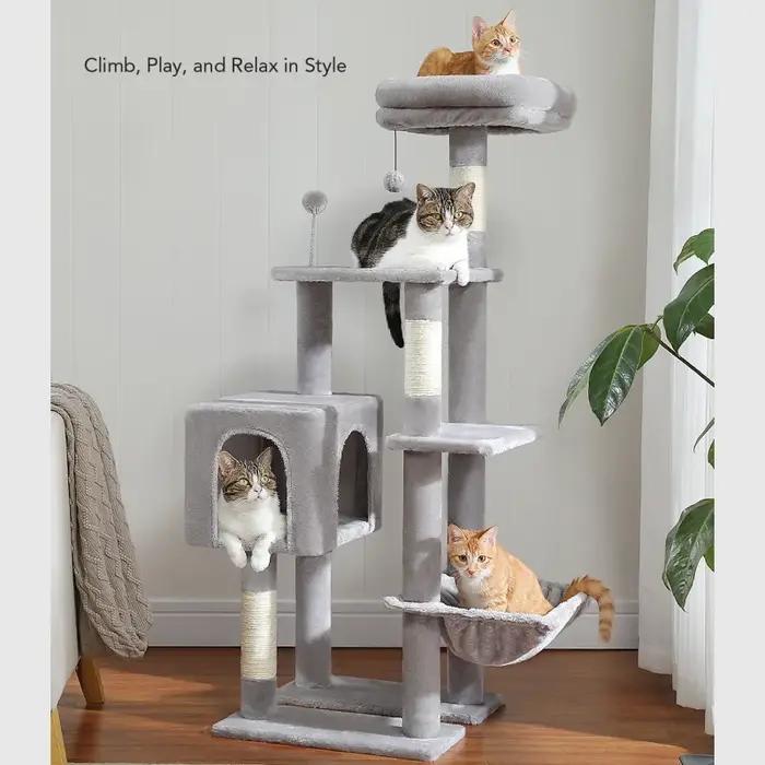 Grand condo pour chats d'intérieur, arbre à chat avec hamac, griffoirs, 2 perchoirs