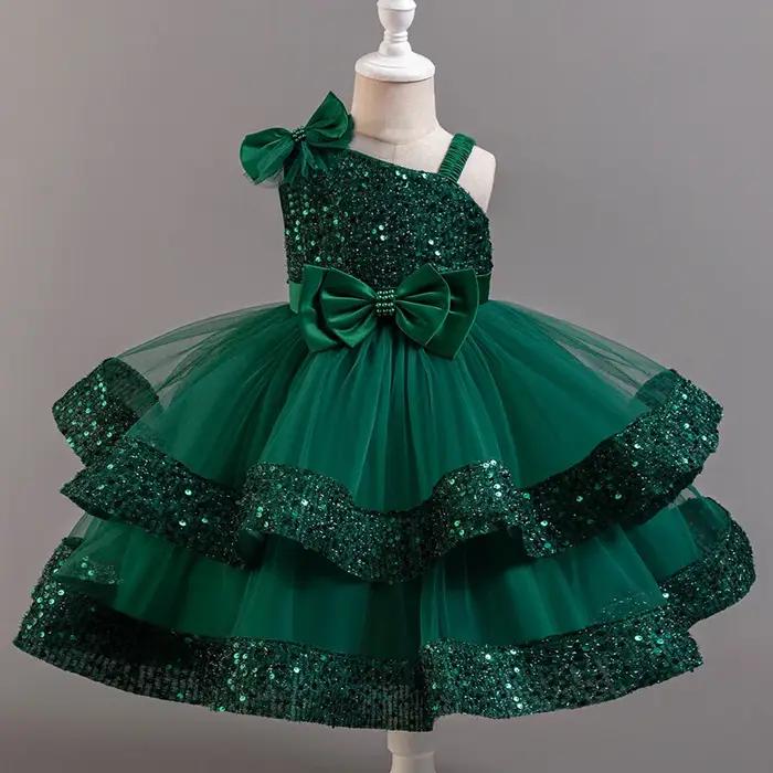 Robe de princesse en maille pour filles, avec nœud à paillettes, col irrégulier, pour fête d'anniver