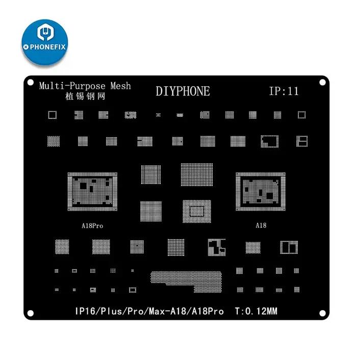 Kit de pochoirs de reballage DIYPHONE BGA pour iPhone 17 16 15 14 13 13mini 11 12 Pro Max, filet à s
