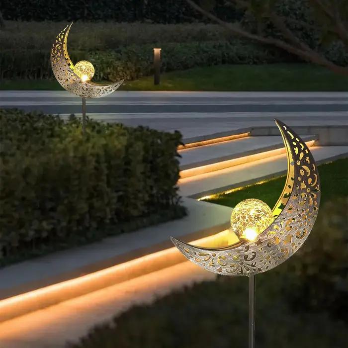 Lumières solaires LED en verre craquelé nickel é de lune, ornement de piquet en métal blanc chaud, l