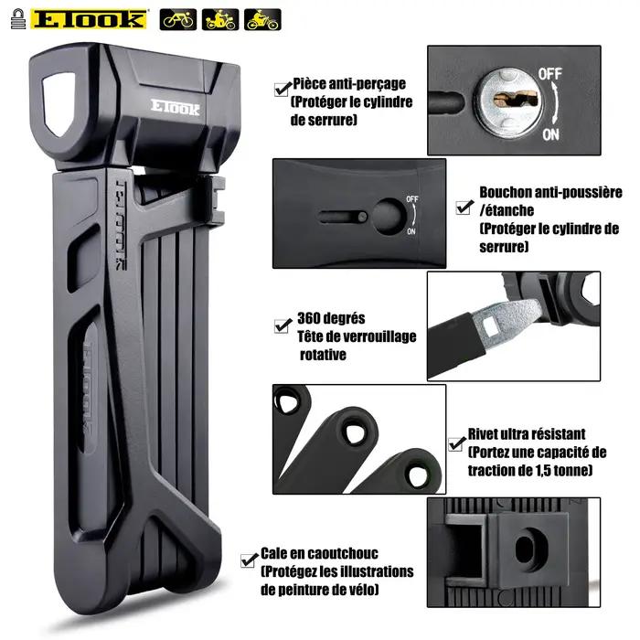 Serrure anti-vol pliable ETOOK pour vélo VTT scooter moto - Acier allié robuste anti-cisaillement hydraulique