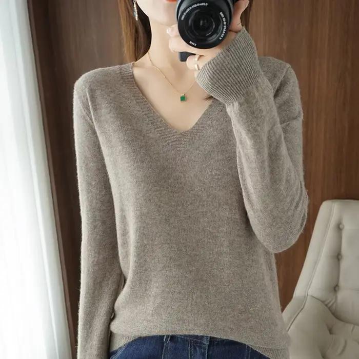 Pull en cachemire à col en V pour femme, col en dentelle, design évidé, décontracté, manches longues
