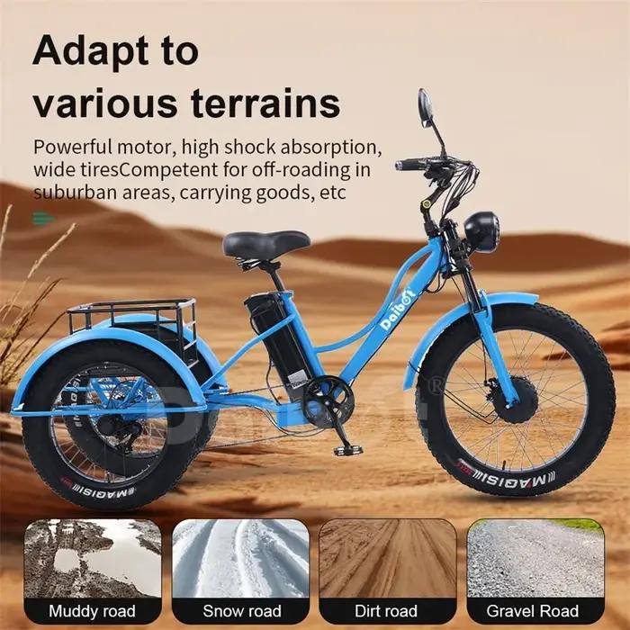Vélo électrique tricycle pour homme 48V 750W avec pneus gros et capacité de chargement pour longues distances en plein air et randonnées familiales