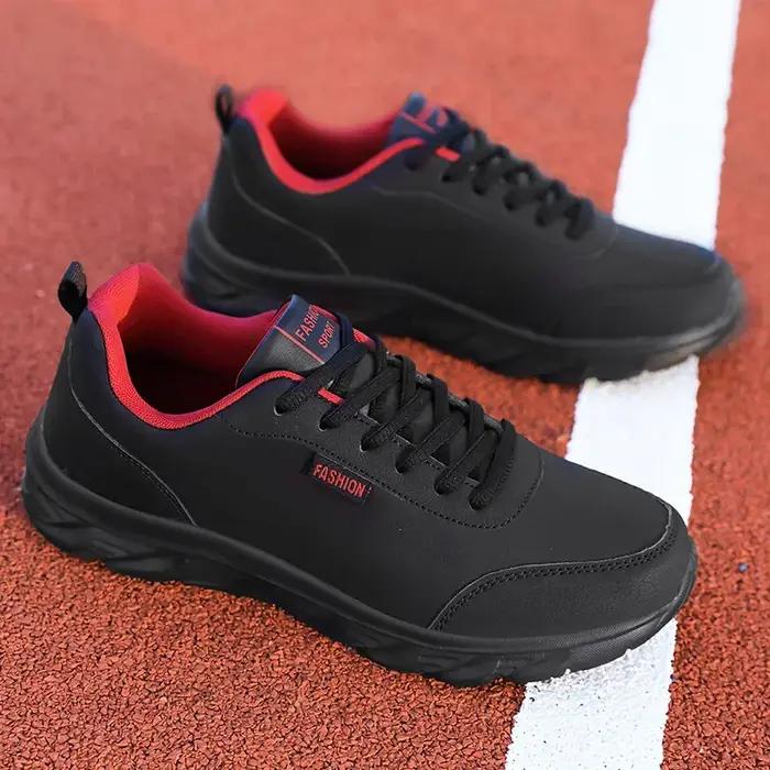 Chaussures de Course Légères et Larges en Cuir Noir pour Homme, Baskets de Marche Plates et Conforta