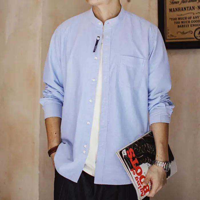 Chemise en coton Oxford à col rond pour homme Maden, manches longues, décontractée, unie, à simple b