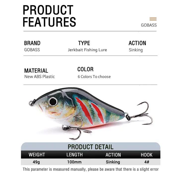 GOBASS curseur Jerkbait 6 cm/8 cm/10 cm coulant lent Musky Wobbler brochet VIB appât dur manivelle l