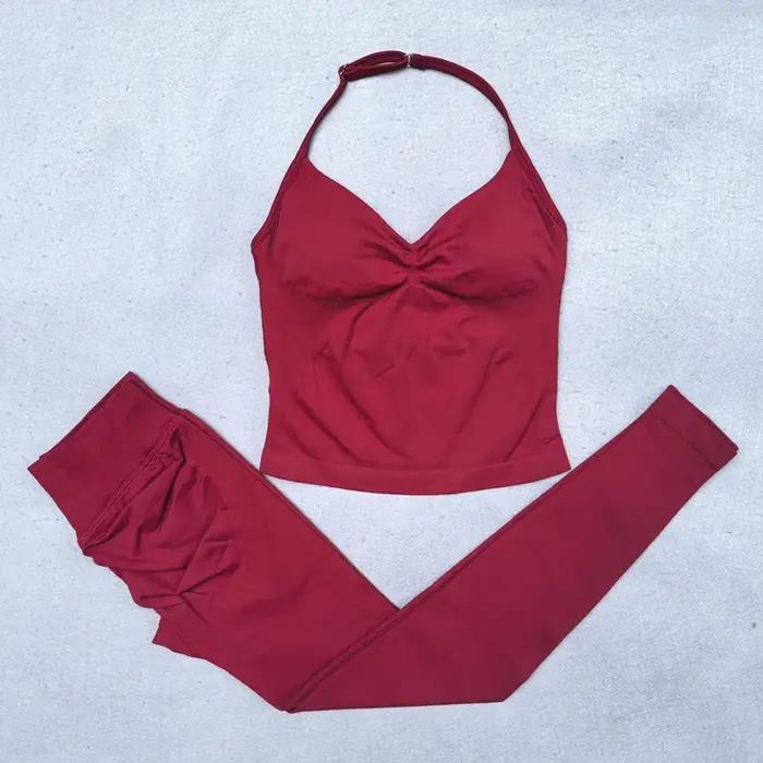 Ensemble de Yoga sans couture pour femmes, 2 pièces, débardeur rembourré, col licou, froissé, levage