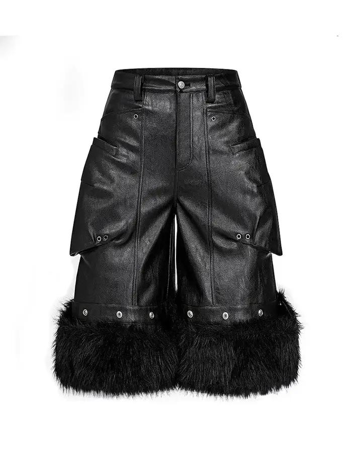 Mauroicardi automne noir fausse fourrure Patchwork Pu cuir Shorts pour hommes poches tridimensionnel