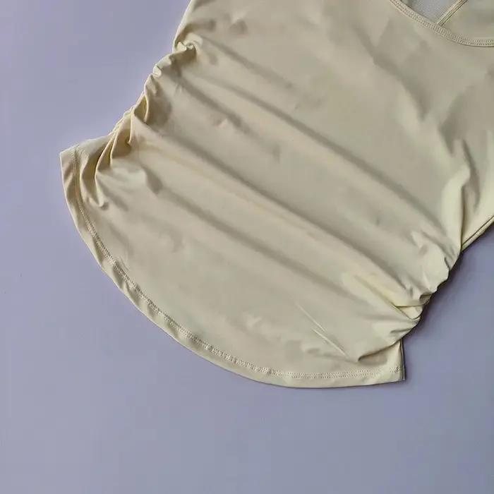 Haut de sport de Yoga d'été pour femmes, manches courtes, taille plissée, maille épissée, T-Shirt de