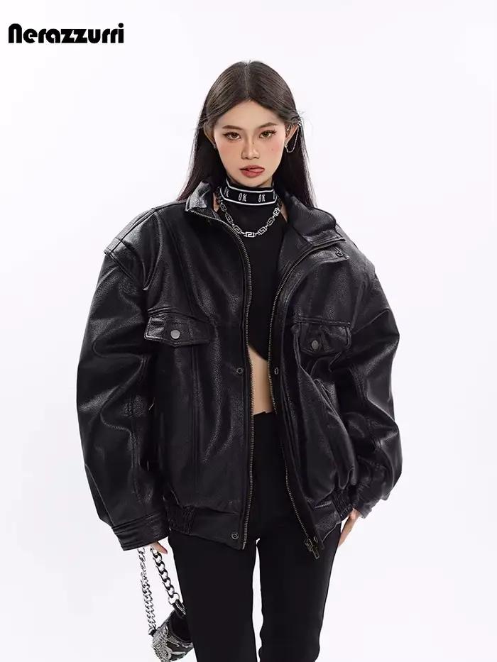 Nerazzurri – veste en cuir Pu noir pour femme, vêtement surdimensionné, coupe-vent, épais, fermeture